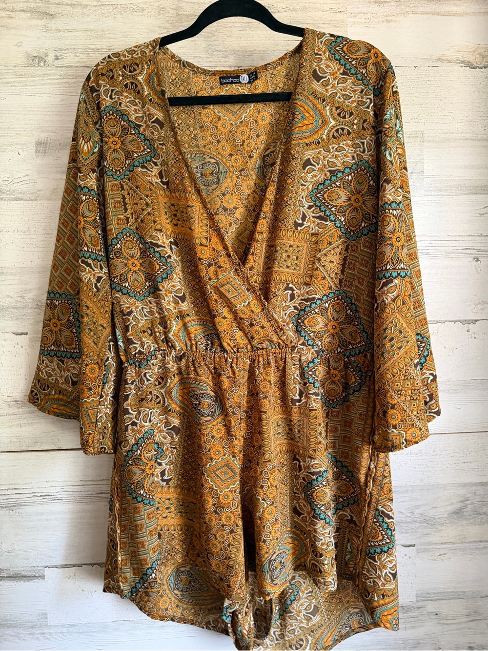 Boohoo Mustard Paisley Print V-Neck Romper